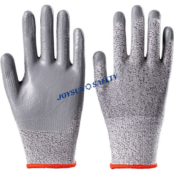 13-gauge HPPE and steel blend grey work gloves with a nitrile palm coating for enhanced grip and durability