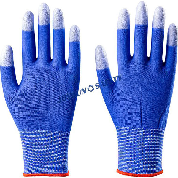 A pair of blue Joysun Safety PUP001 work gloves with PU coated palms and fingertips, designed for touchscreen use